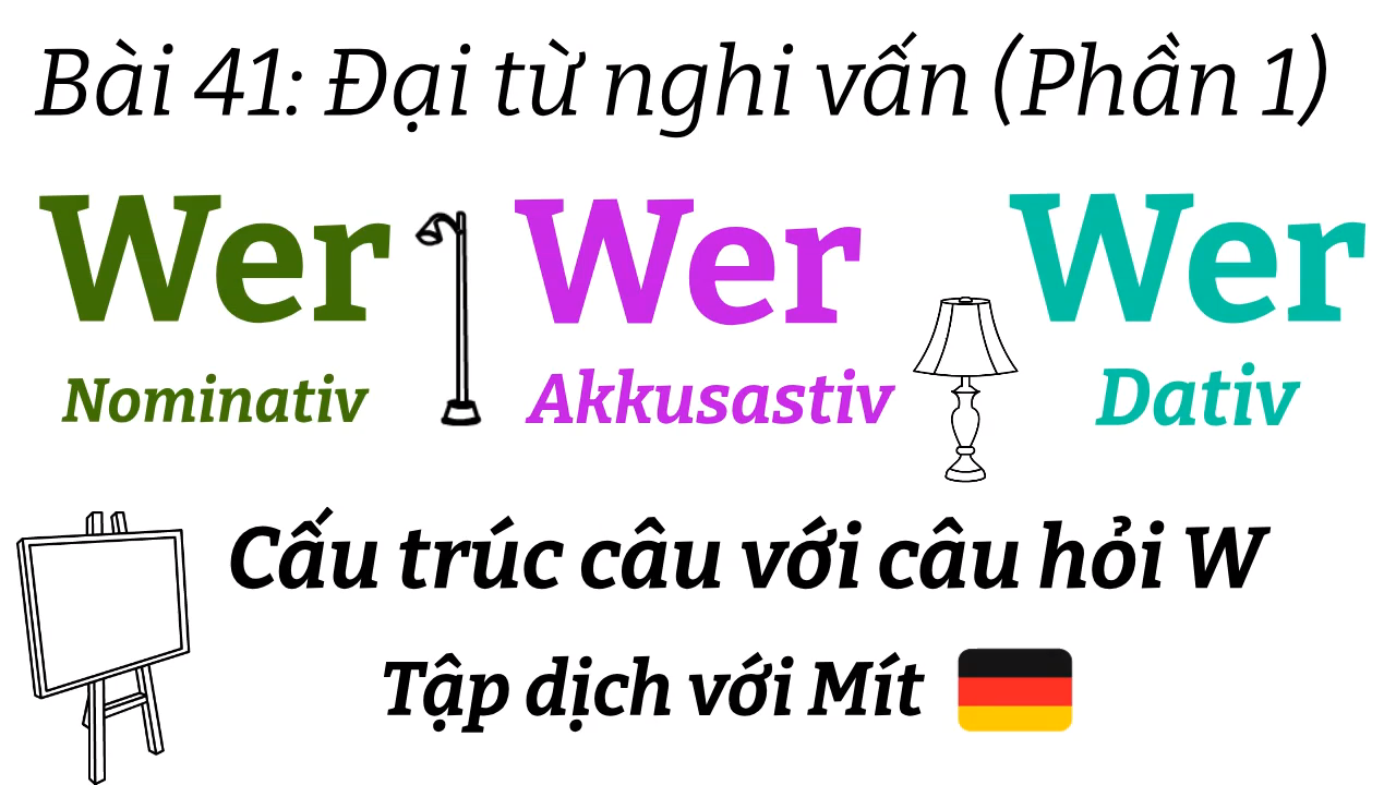 Ngữ Pháp TIếng Đức A1.2 | Bài 41 | Đại từ nghi vấn "wer" ở Nominativ / Akkusativ / Dativ | Cấu trúc câu với câu hỏi W | Mít Học Tiếng Đức